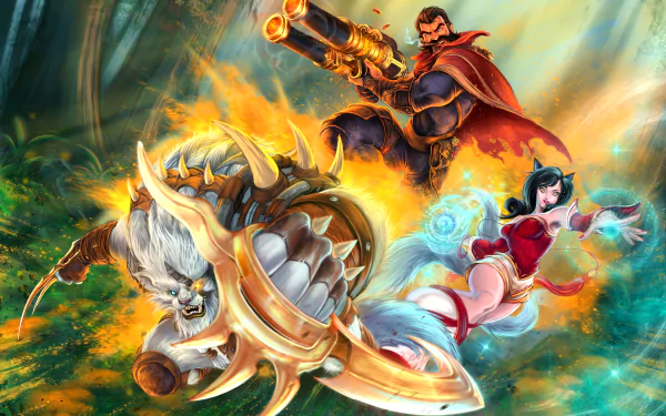 5K Ultra HD PC desktop wallpaper of League of Legends champions Rengar, Ahri, and Graves in dynamic battle: Rengar lunges with blades, Ahri casts a blue orb, Graves fires his shotgun.
