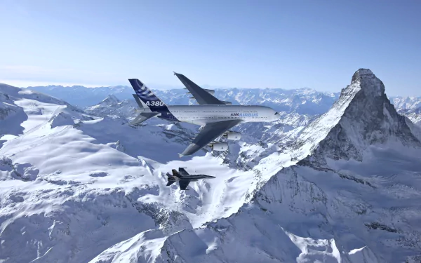 A dynamic scene featuring an Airbus A380 soaring above snow-covered mountains, accompanied by a sleek warplane against a clear blue sky, capturing the majesty of high-altitude flight.