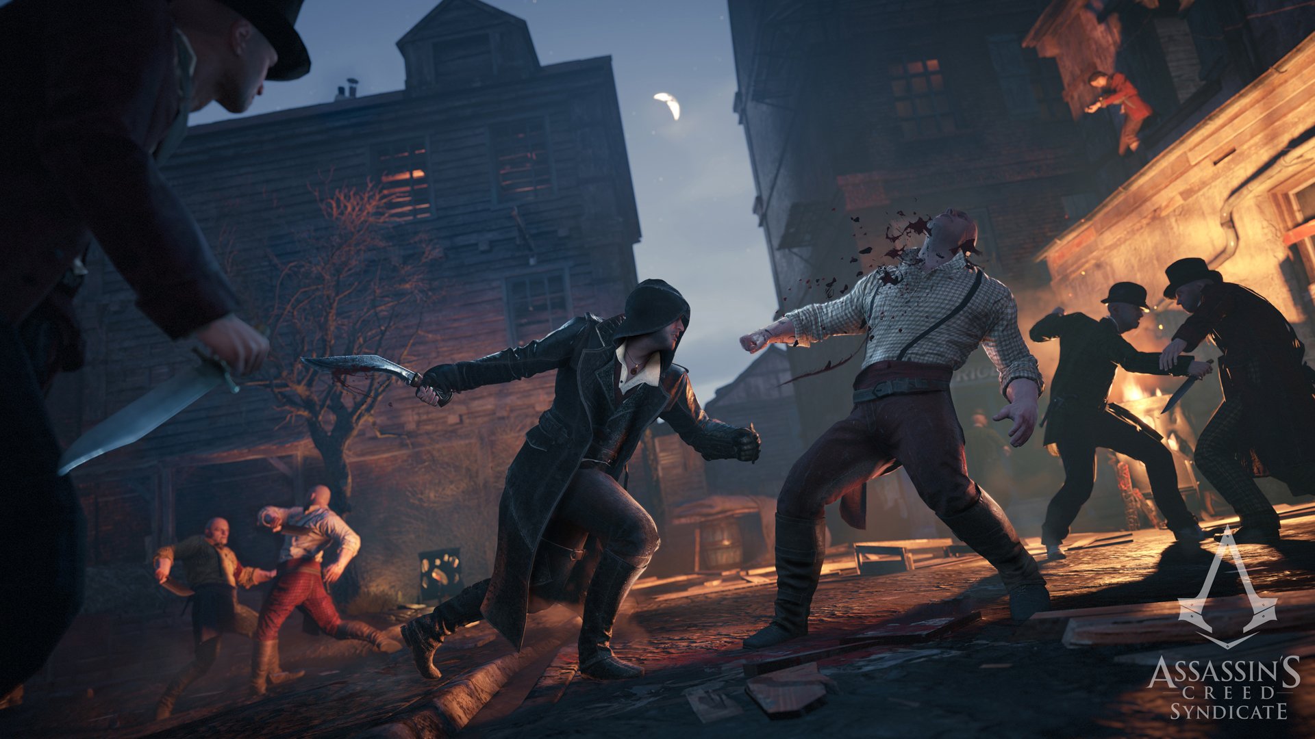 Jacob Frye from Assassin's Creed: Syndicate engages in a dynamic fight scene at night, captured in a high-definition PC desktop wallpaper.
