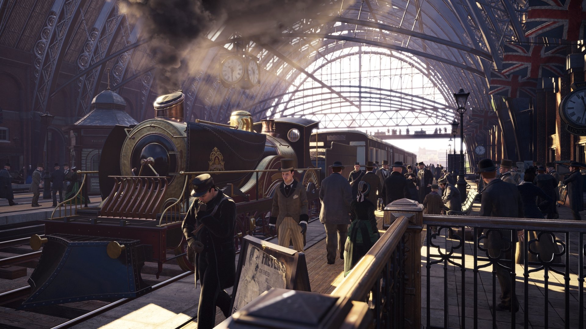 4K Ultra HD PC wallpaper of a bustling Victorian train station scene from the video game Assassin's Creed: Syndicate, showcasing detailed period architecture and characters.