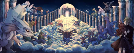 HD desktop wallpaper featuring various Pokémon navigating a cloud-filled pathway leading to a luminous gate under a full moon.