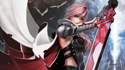 A high-definition wallpaper featuring Lightning from Final Fantasy XIII, wielding her iconic sword, against a dramatic backdrop of lightning and dark clouds.
