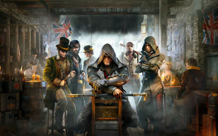 HD desktop wallpaper featuring Jacob and Evie Frye from Assassin's Creed: Syndicate, set in a dimly lit, gritty room with Victorian-era elements.