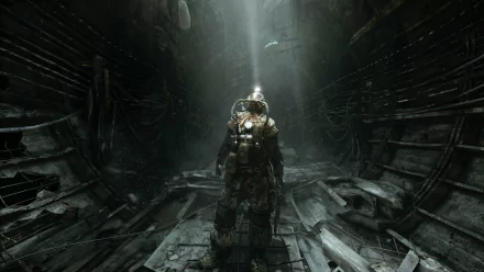 HD PC desktop wallpaper/background from the video game Metro Last Light Redux: lone gas-masked soldier stands in a ruined subway tunnel, bathed in a single shaft of light.
