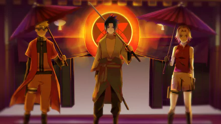 HD desktop wallpaper of Naruto Uzumaki, Sasuke Uchiha, and Sakura Haruno from the anime Naruto, standing confidently with a dramatic, glowing backdrop.