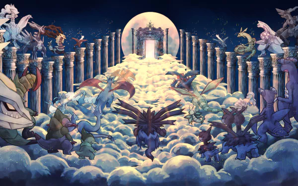 HD desktop wallpaper featuring various Pokémon navigating a cloud-filled pathway leading to a luminous gate under a full moon.
