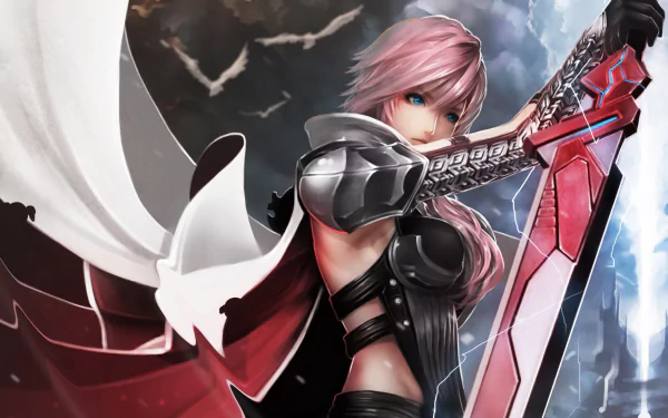 A high-definition wallpaper featuring Lightning from Final Fantasy XIII, wielding her iconic sword, against a dramatic backdrop of lightning and dark clouds.