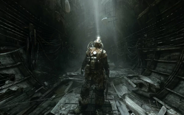 HD PC desktop wallpaper/background from the video game Metro Last Light Redux: lone gas-masked soldier stands in a ruined subway tunnel, bathed in a single shaft of light.