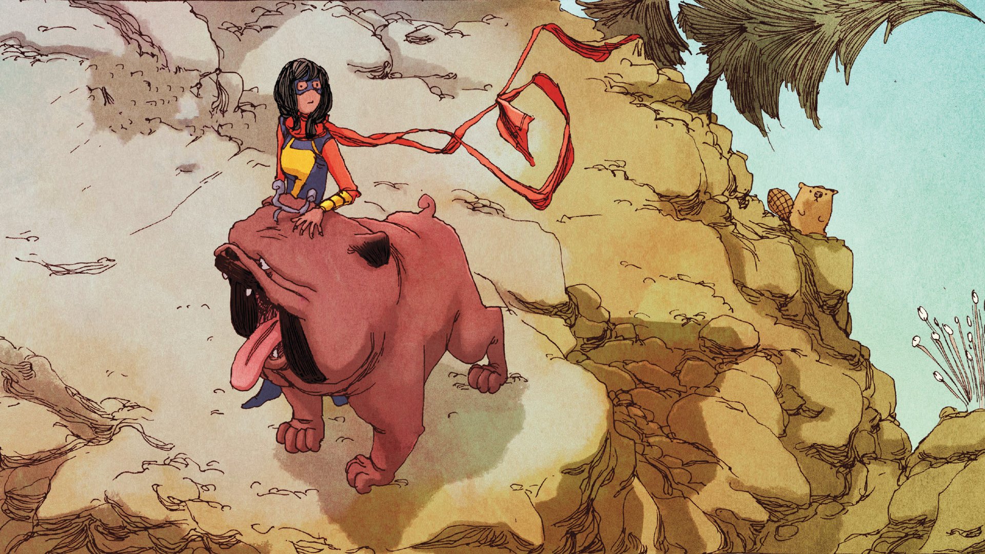 HD PC desktop wallpaper featuring a comic-style illustration of Ms. Marvel riding a large red dog on rocky terrain with birds perched nearby.