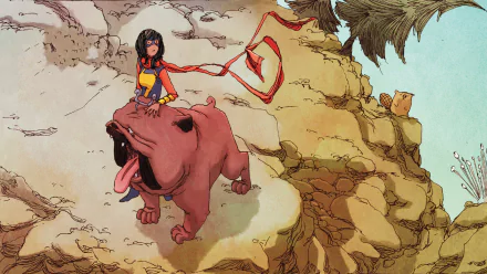 HD PC desktop wallpaper featuring a comic-style illustration of Ms. Marvel riding a large red dog on rocky terrain with birds perched nearby.