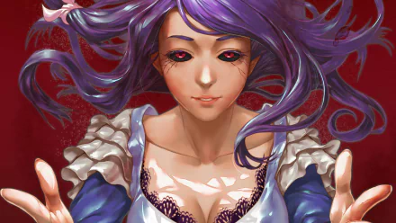 A vibrant HD wallpaper featuring Rize Kamishiro from Tokyo Ghoul, showcasing her striking purple hair and captivating expression against a bold red background.