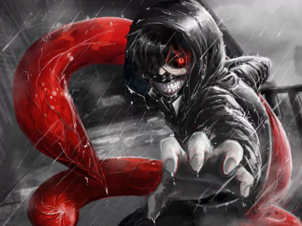 HD wallpaper of Ken Kaneki from Tokyo Ghoul, featuring him with a mask, hoodie, and red kagune, his red eyes striking under the rain.