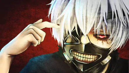 HD desktop wallpaper of Ken Kaneki from the anime Tokyo Ghoul, featuring his white hair, eye patch, and sinister grin against a dark red background.