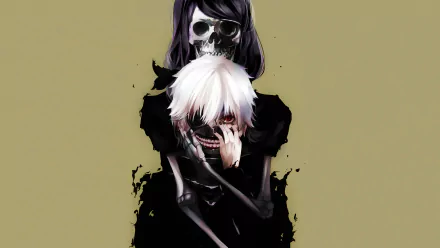 HD desktop wallpaper and background featuring Ken Kaneki and Rize Kamishiro from the anime Tokyo Ghoul, with dark artistic elements and a beige background.