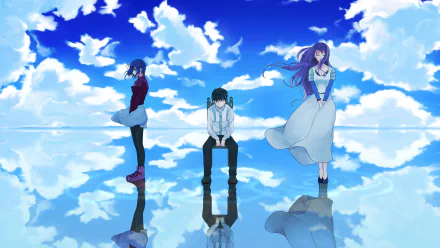 HD desktop wallpaper featuring Touka Kirishima, Ken Kaneki, and Rize Kamishiro from Tokyo Ghoul against a vivid blue sky with white clouds.