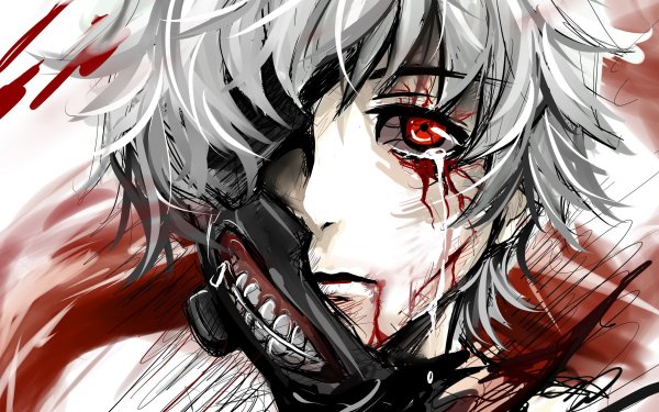Anime Tokyo Ghoul Ken Kaneki Tears Red Eyes White Hair Blut Maske Close-Up HD Wallpaper | Hintergrund