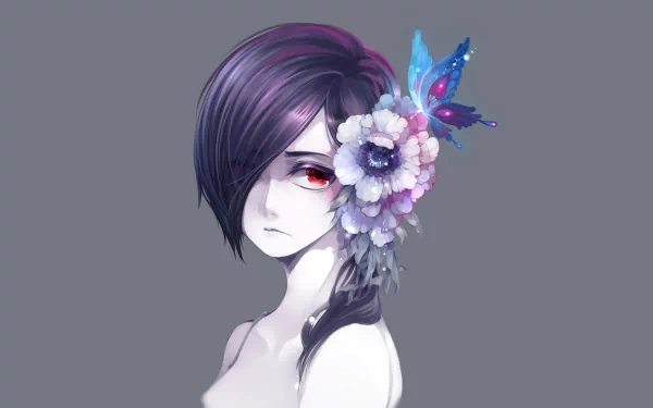 HD desktop wallpaper featuring Touka Kirishima from the anime Tokyo Ghoul, with vibrant flowers and a butterfly accentuating her purple-haired profile set against a gray background.