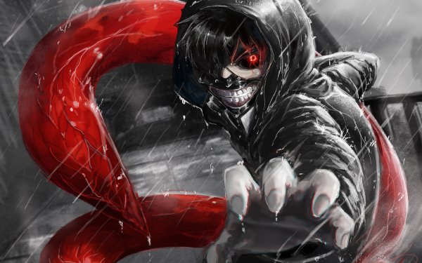 Anime Tokyo Ghoul Ken Kaneki Red Eyes Black Hair Mask Hoodie Kagune Rain HD Wallpaper | Background Image