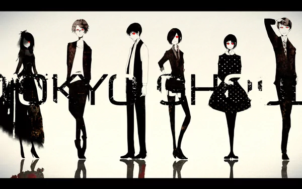 HD desktop wallpaper featuring characters Hinami Fueguchi, Nishiki Nishio, Ken Kaneki, Shū Tsukiyama, Touka Kirishima, and Rize Kamishiro from the anime Tokyo Ghoul. The background has a minimalistic design.