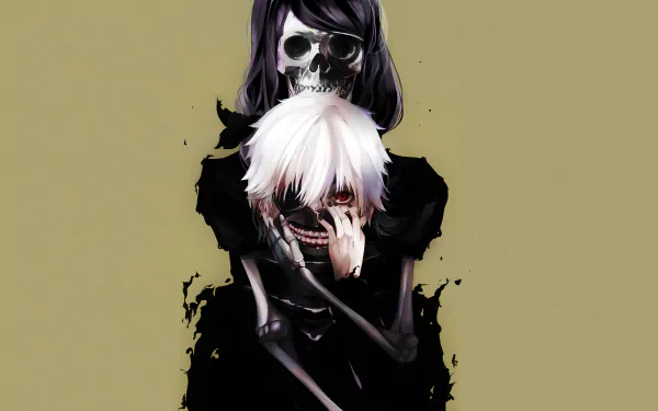 HD desktop wallpaper and background featuring Ken Kaneki and Rize Kamishiro from the anime Tokyo Ghoul, with dark artistic elements and a beige background.
