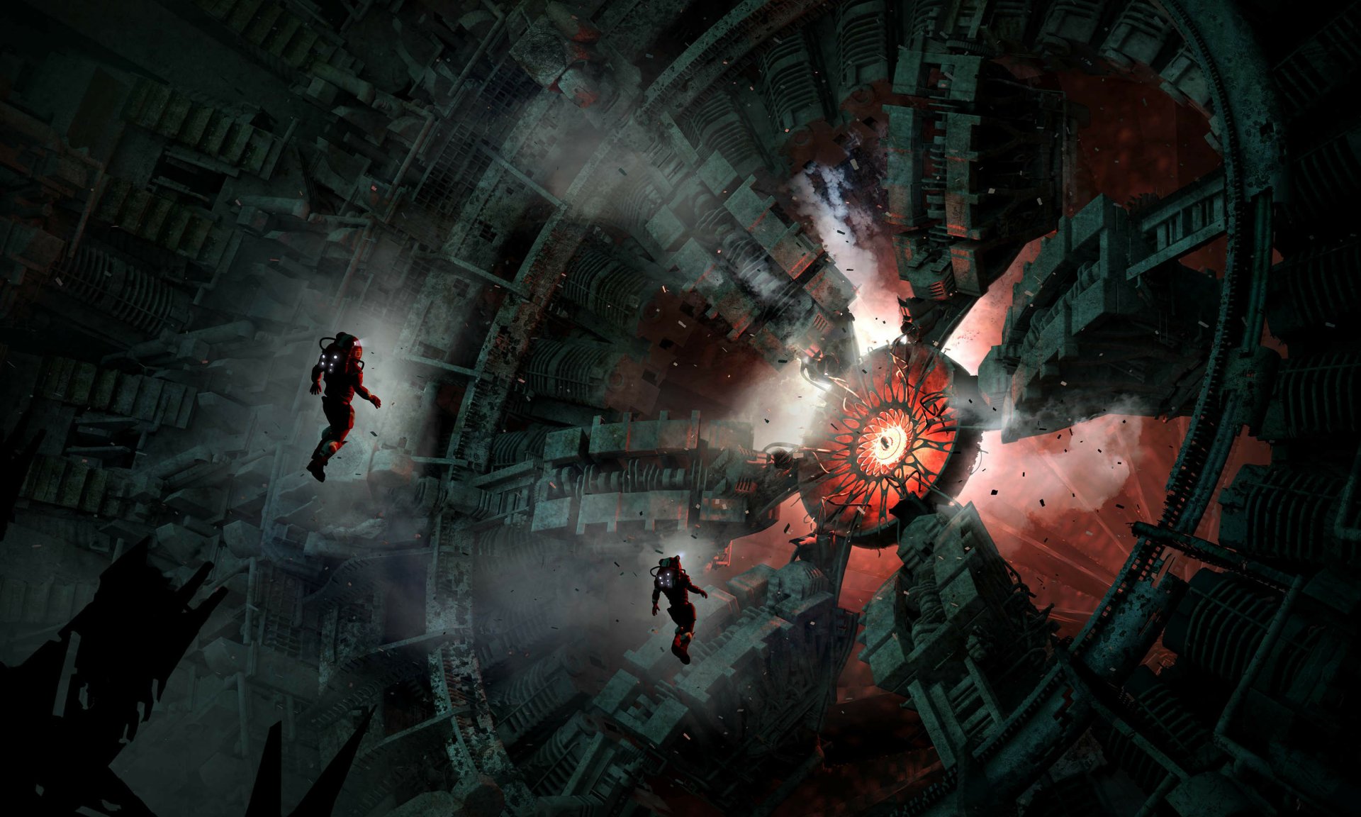 HD desktop wallpaper featuring two astronauts in a dynamic sci-fi scene with a chaotic, collapsing space station and a central glowing red orb.