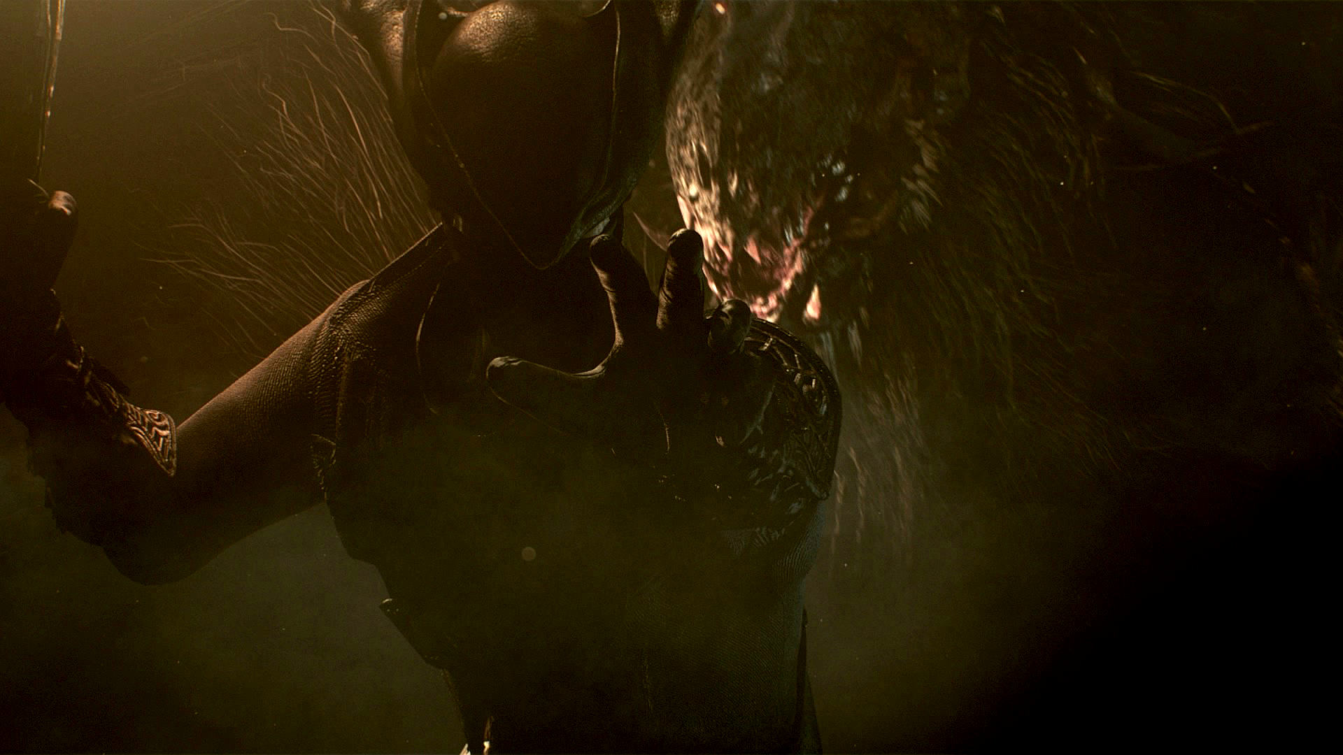 Dark, atmospheric HD PC desktop wallpaper featuring a haunting character from the video game Bloodborne, shrouded in shadows and eerie light.