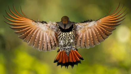 HD desktop wallpaper featuring a woodpecker mid-flight with wings fully spread, showcasing detailed feathers against a blurred natural green background.
