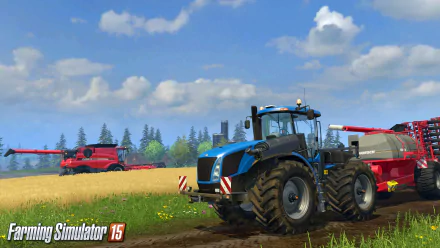 A vibrant HD desktop wallpaper featuring a blue tractor in the foreground, with a red harvester and sprawling fields under a clear sky from Farming Simulator 15.