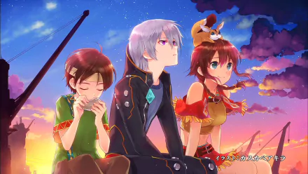 HD wallpaper featuring characters from Gargantia on the Verdurous Planet against a sunset sky.