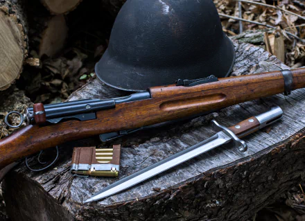 4K Ultra HD image of a Swiss Schmidt-Rubin K11 rifle, military helmet, bayonet knife, and ammunition on a tree stump, set outdoors in natural woodland.