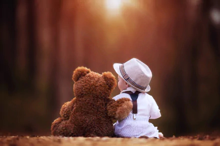 A child wearing a hat sits outdoors with a teddy bear under a warm sunset, creating a serene and nostalgic photography moment. HD desktop wallpaper and background.