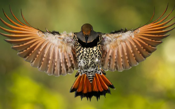 HD desktop wallpaper featuring a woodpecker mid-flight with wings fully spread, showcasing detailed feathers against a blurred natural green background.