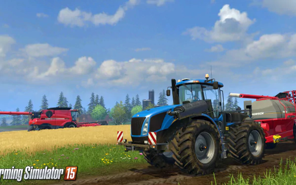 A vibrant HD desktop wallpaper featuring a blue tractor in the foreground, with a red harvester and sprawling fields under a clear sky from Farming Simulator 15.