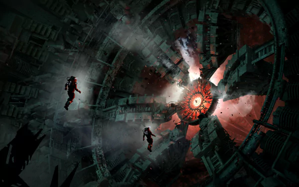 HD desktop wallpaper featuring two astronauts in a dynamic sci-fi scene with a chaotic, collapsing space station and a central glowing red orb.