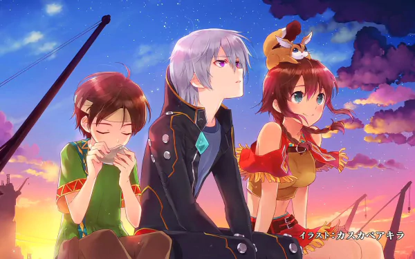 HD wallpaper featuring characters from Gargantia on the Verdurous Planet against a sunset sky.