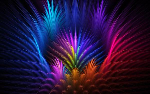 Vibrant HD desktop wallpaper featuring a burst of neon feathers in a dynamic abstract design, blending vivid colors like blue, pink, and orange.