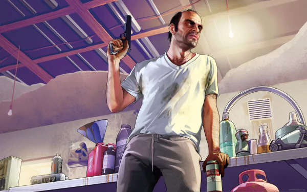 Trevor Philips, a character from Grand Theft Auto V, holds a gun in this HD desktop wallpaper, set against a backdrop of various colorful objects and a dimly lit environment.