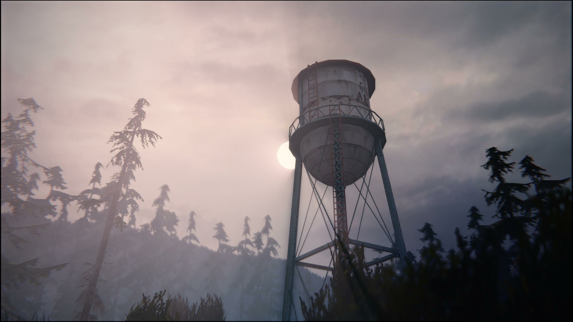 A scenic 4K Ultra HD wallpaper from the video game Life Is Strange, featuring a silhouetted water tower against a misty background with a rising sun.