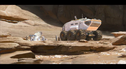HD desktop wallpaper of a futuristic settlement with a large rover and equipment on a rocky terrain.