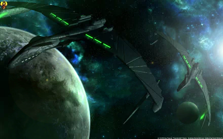 Futuristic Romulan Valdore spaceship from Star Trek: Nemesis soars through space near a planet, captured in a 4K Ultra HD Sci-Fi desktop wallpaper.