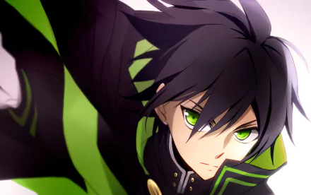 An HD desktop wallpaper featuring Yūichirō Hyakuya from Seraph of the End anime, with black hair, green eyes, and wearing a uniform.