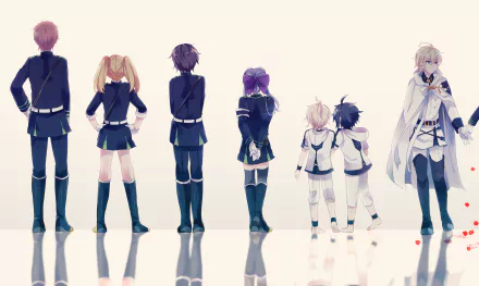 HD desktop wallpaper featuring characters from the anime Seraph of the End, standing in a line facing away, showcasing their distinct outfits and hair colors.