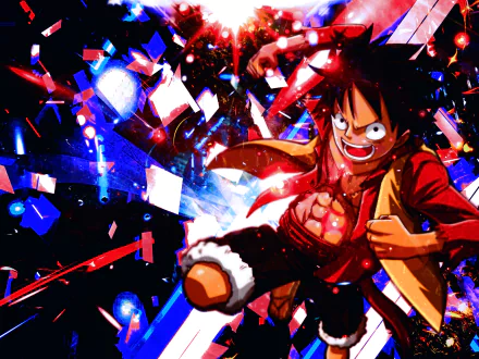 HD wallpaper featuring Monkey D. Luffy from the anime One Piece, depicted in an action-packed, vibrant scene with dynamic backgrounds and intense colors.