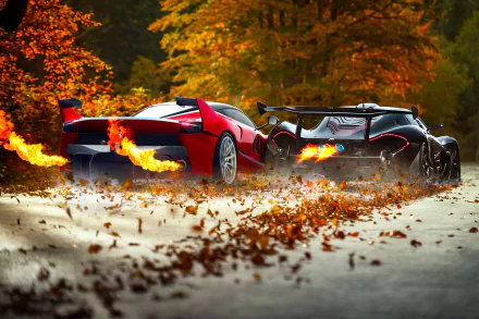 A stunning HD desktop wallpaper featuring a red Ferrari FXX and a black McLaren P1 supercar driving through an autumn landscape with fiery exhausts.
