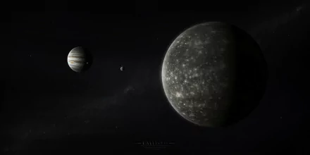 5K Ultra HD PC desktop wallpaper: sci‑fi space scene with a large cratered moon in the foreground, a Jupiter-like planet and smaller moons drifting through dark space.