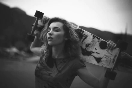 Black and white HD wallpaper of a woman model holding a skateboard behind her shoulders with a blurred outdoor background.