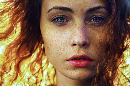 HD desktop wallpaper of a woman with fiery red hair, blue eyes, and freckles, providing a captivating close-up of her face.