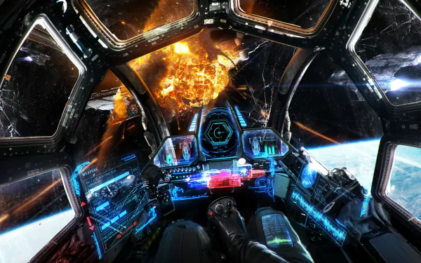 HD wallpaper featuring the cockpit view from inside a spaceship with vibrant space visuals and control panels.