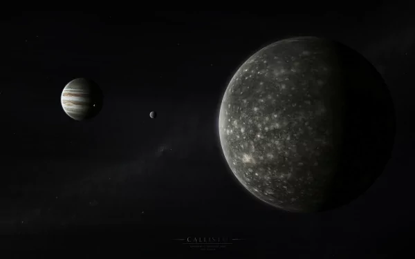 5K Ultra HD PC desktop wallpaper: sci‑fi space scene with a large cratered moon in the foreground, a Jupiter-like planet and smaller moons drifting through dark space.