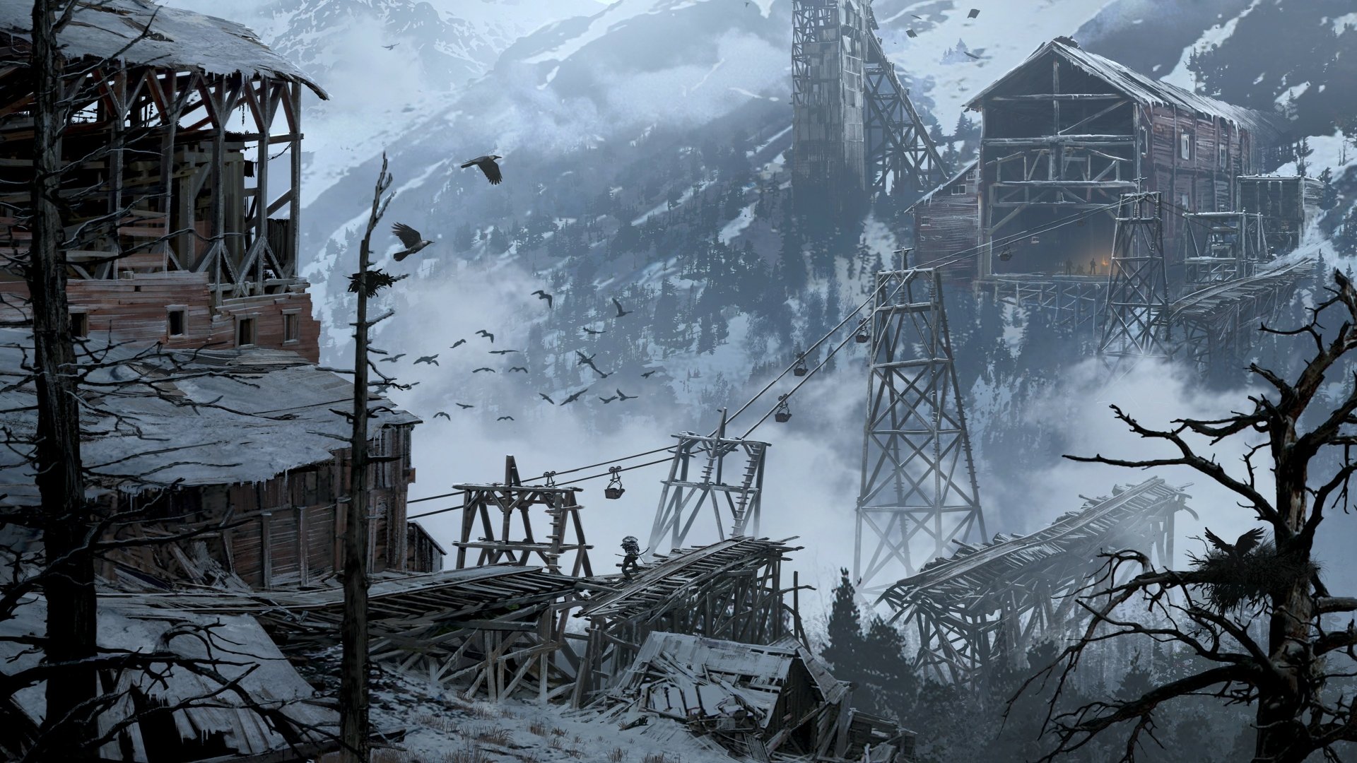 HD desktop wallpaper of Rise of the Tomb Raider featuring a misty, mountainous landscape with old wooden structures and scaffolding, set against a backdrop of snow-covered peaks.